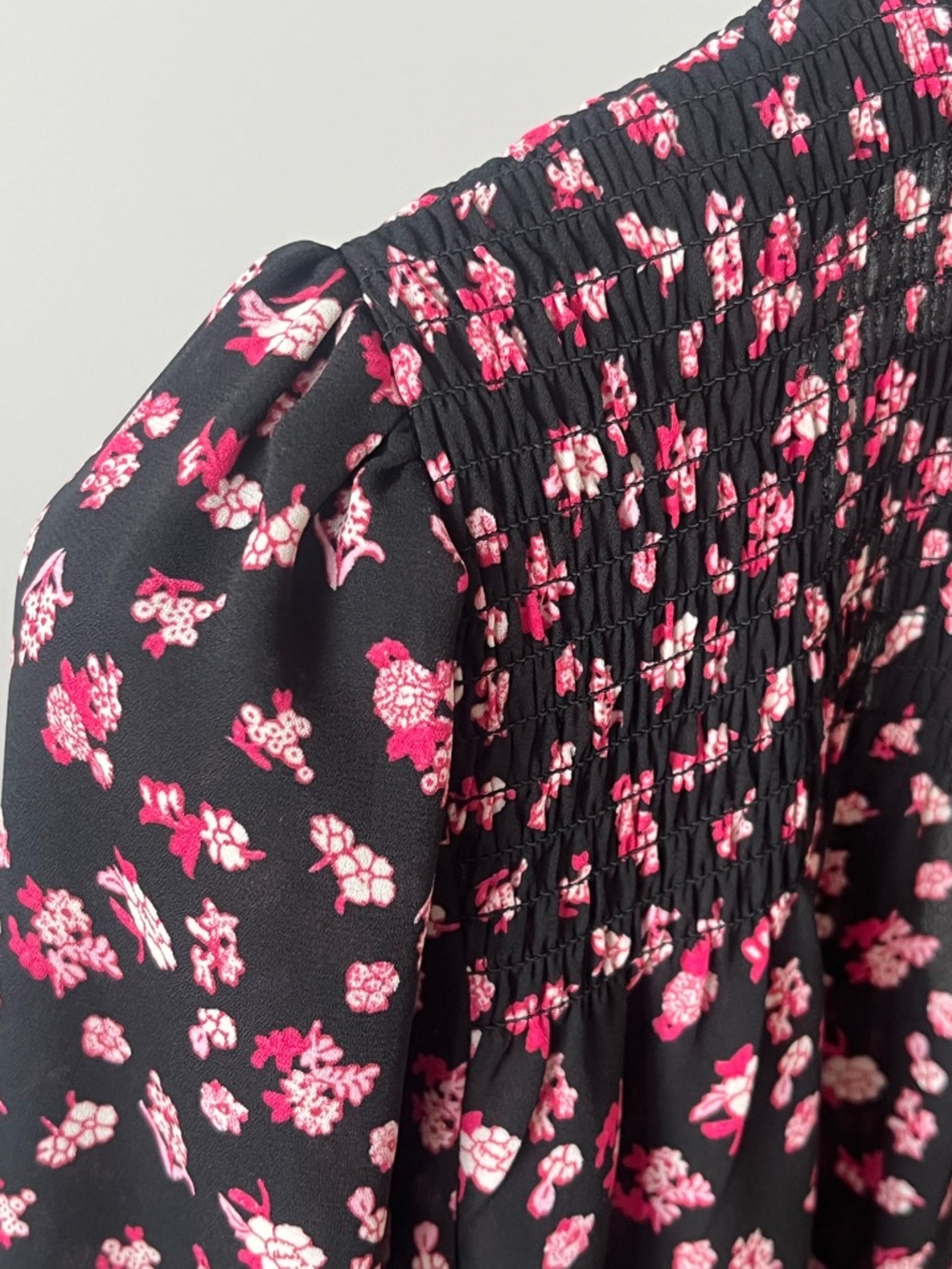 Rose & Olive Floral Smocked Peasant Blouse Cottagecore Boho Black Pink - Picture 6 of 14